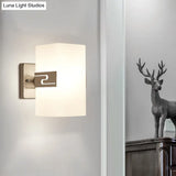 Modern Wall Mounted Nickel Cuboid Sconce Lamp With White Glass - Ideal For Corridors