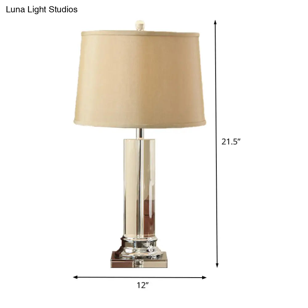 Modern White Barrel Fabric Table Lamp With Clear Cylinder Crystal - 1 Bulb Reading Book Light