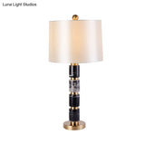 Modern White Barrel Nightstand Lamp With Fabric Shade - 1 Bulb Reading Light