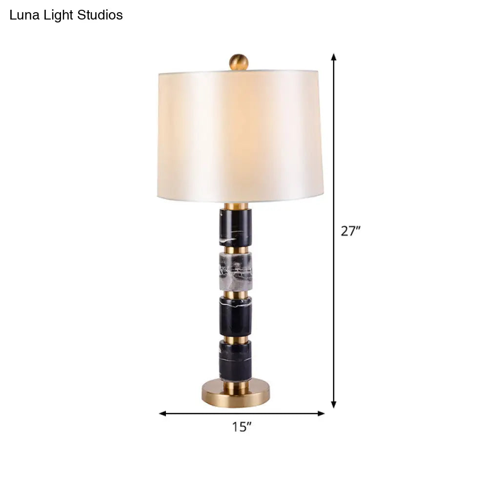 Modern White Barrel Nightstand Lamp With Fabric Shade - 1 Bulb Reading Light