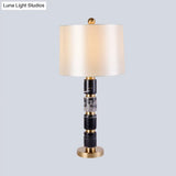 Modern White Barrel Nightstand Lamp With Fabric Shade - 1 Bulb Reading Light