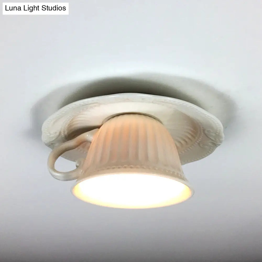 Modern White Coffee Cup Flushmount Light - 1 Head Gypsum Led Ceiling Fixture