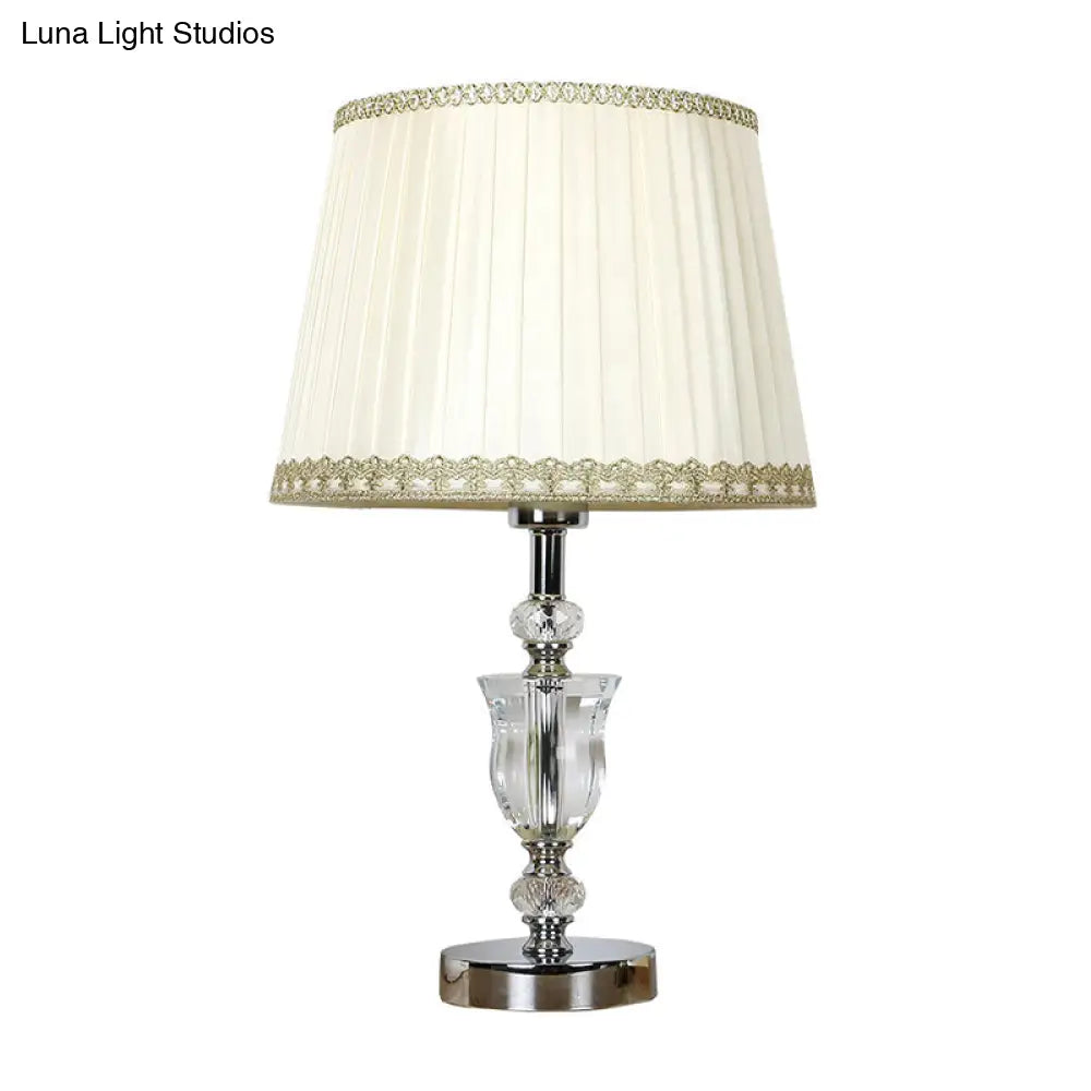 Modern White Cone Night Table Lamp With Urn-Shaped Crystal Head: Sleek Nightstand Light