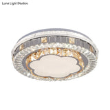 Modern White Crystal Flush Mount Ceiling Light With Led And Trellis/Flower Cut Design