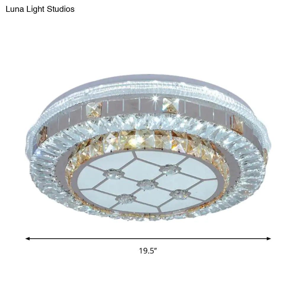 Modern White Crystal Flush Mount Ceiling Light With Led And Trellis/Flower Cut Design
