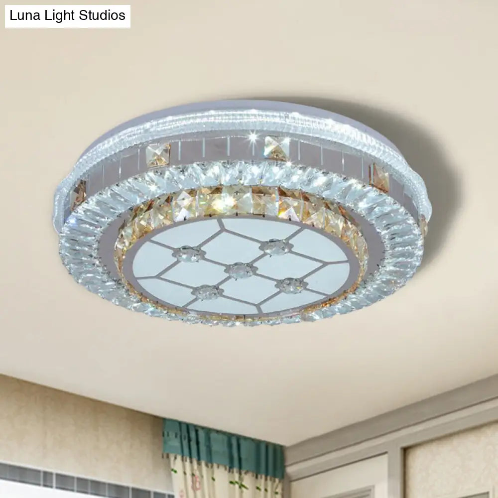 Modern White Crystal Flush Mount Ceiling Light With Led And Trellis/Flower Cut Design