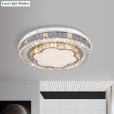 Modern White Crystal Flush Mount Ceiling Light With Led And Trellis/Flower Cut Design