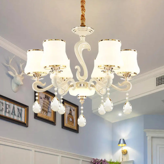 Modern White Curved Opal Glass Bedroom Chandelier Light With 6 Bulbs