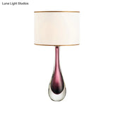 Modern White Droplet Task Lamp: 1-Head Purple Crystal Reading Light With Fabric Shade