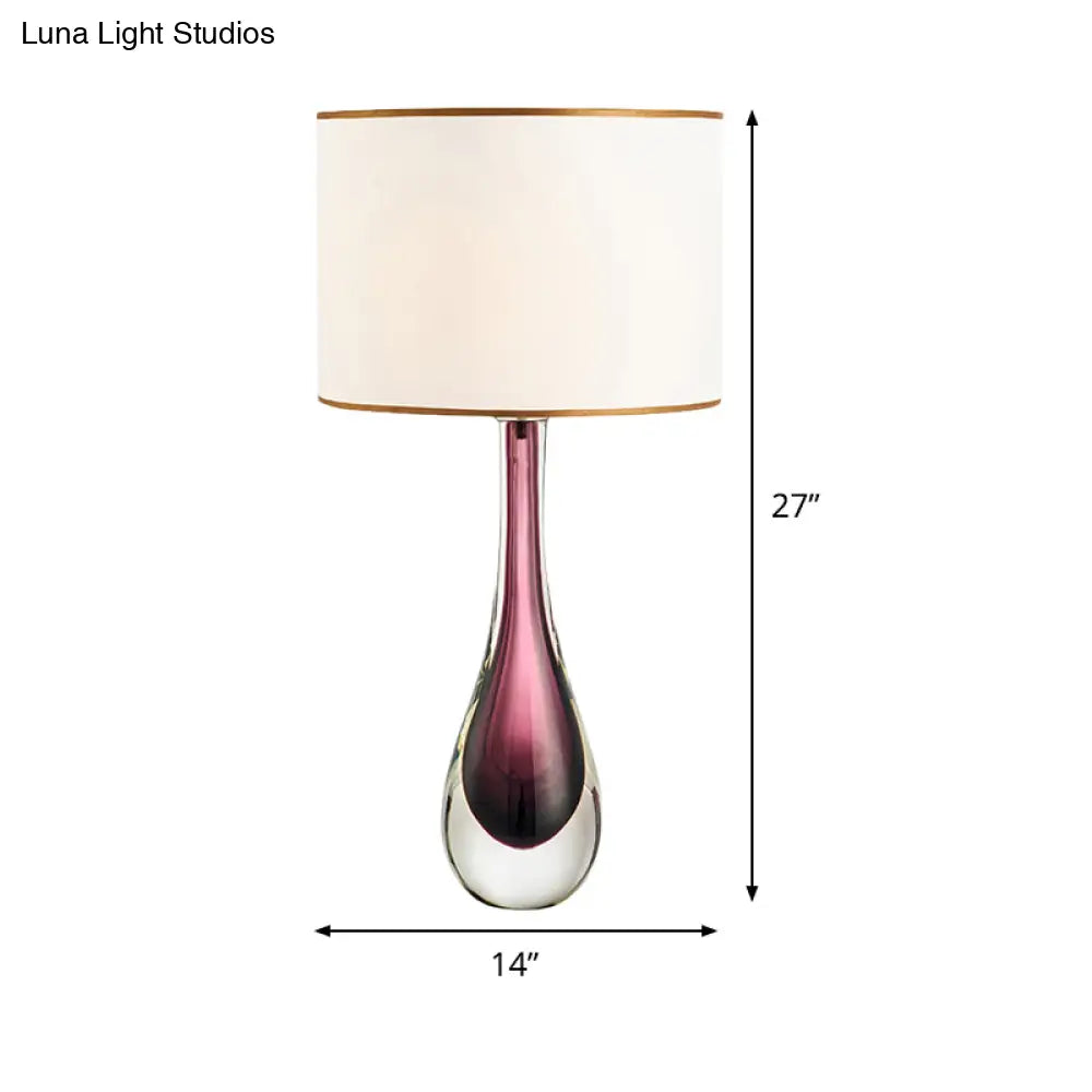 Modern White Droplet Task Lamp: 1-Head Purple Crystal Reading Light With Fabric Shade