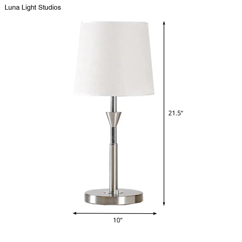 Modern White Fabric Barrel Desk Light With Metal Base - 1 Bulb Night Table Lamp