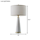 Modern White Fabric Cylinder Table Light With Cone Ceramic Base - 1 Bulb Desk Lamp