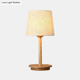 Modern White Fabric Desk Lamp With Wood Base - Tapered Design 1 Bulb Night Table Light