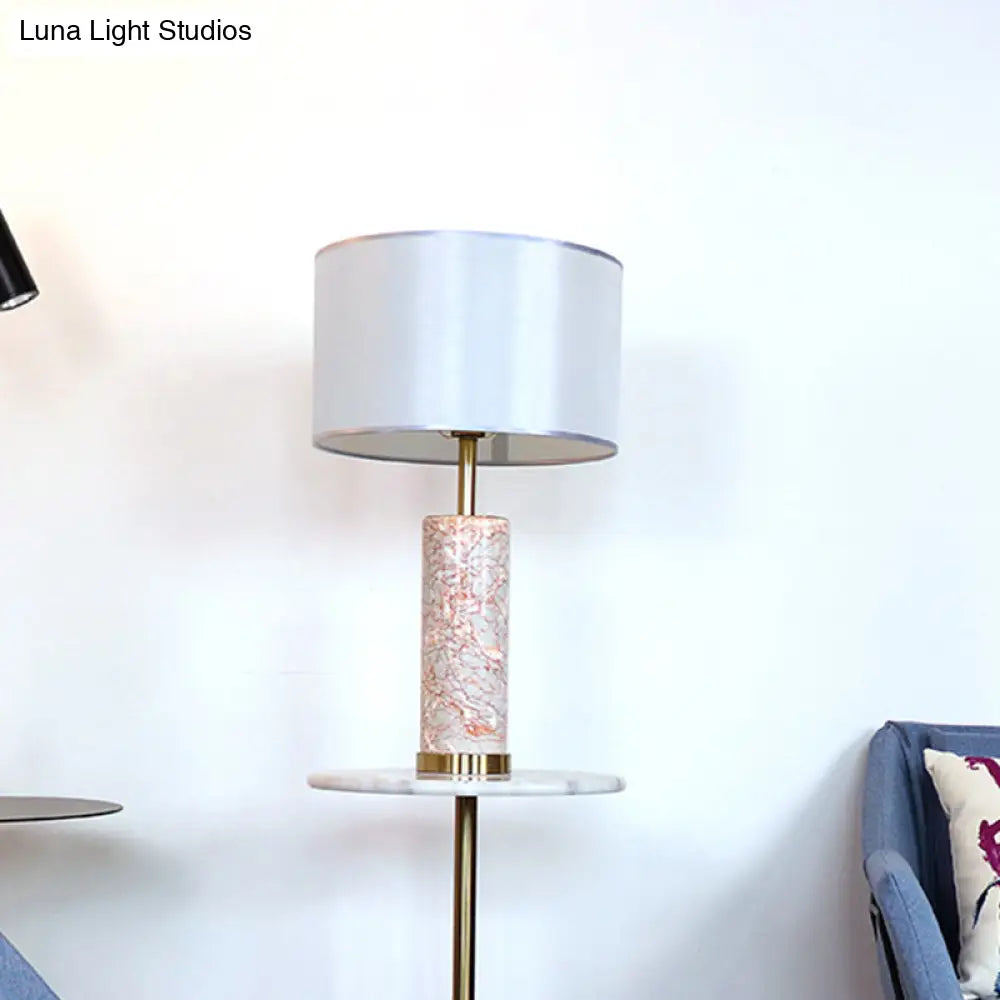Modern White Fabric Drum Table Light With Agate Red Marble Base - 1 Head Night Lamp