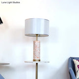 Modern White Fabric Drum Table Light With Agate Red Marble Base - 1 Head Night Lamp
