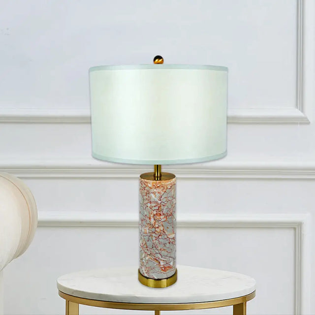 Modern White Fabric Drum Table Light With Agate Red Marble Base - 1 Head Night Lamp