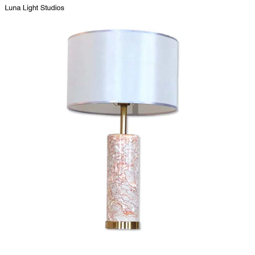 Modern White Fabric Drum Table Light With Agate Red Marble Base - 1 Head Night Lamp