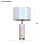 Modern White Fabric Drum Table Light With Agate Red Marble Base - 1 Head Night Lamp
