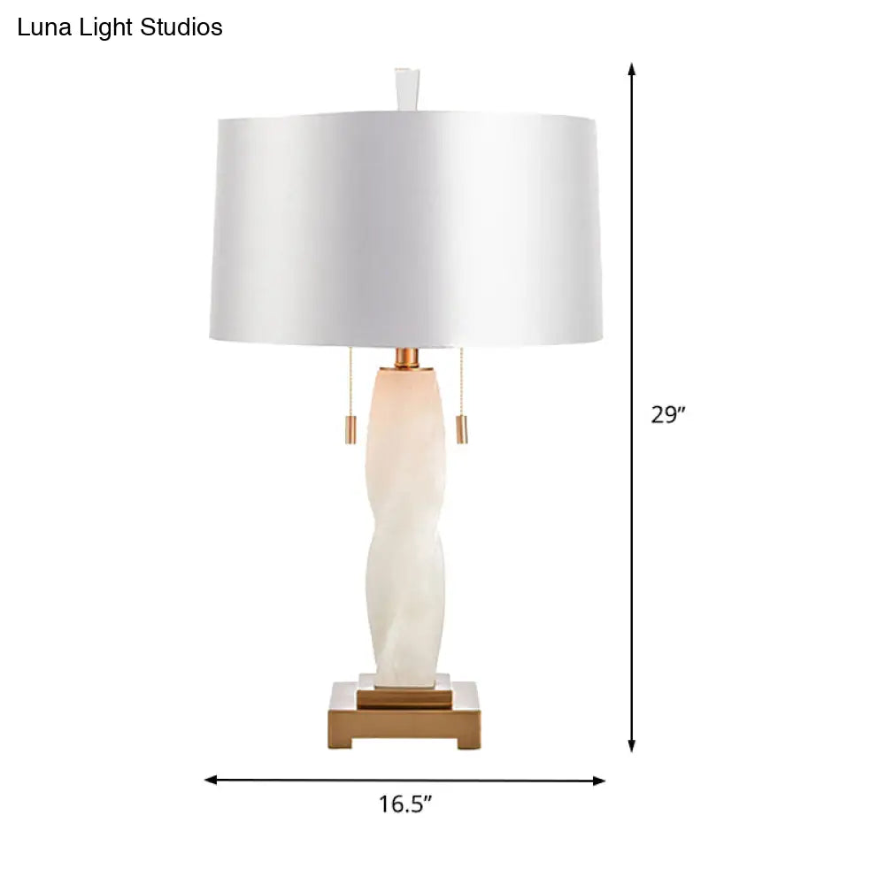 Modern White Fabric Night Table Lamp With Pull Chain - 2 Heads Cylindrical Desk Light