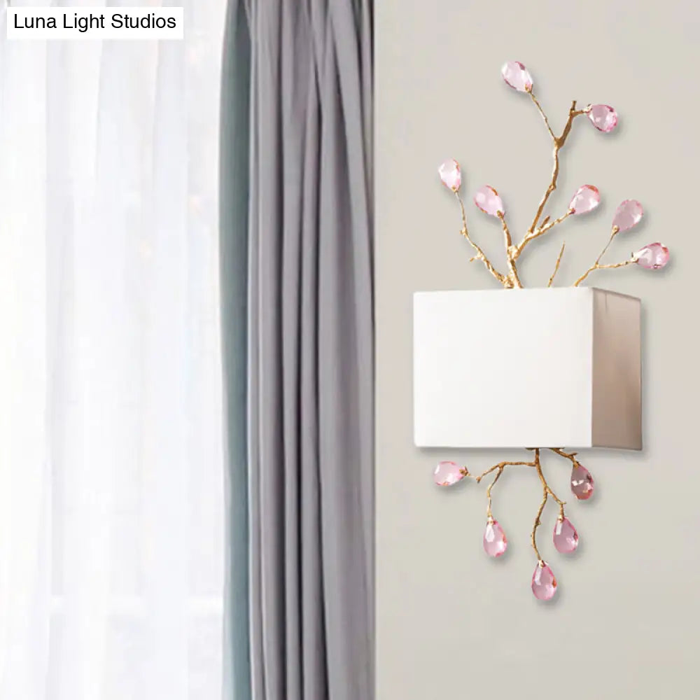Modern White Fabric Square Wall Mount Lamp With Pink Crystal Accent - 2 Lights Sconce