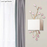 Modern White Fabric Square Wall Mount Lamp With Pink Crystal Accent - 2 Lights Sconce
