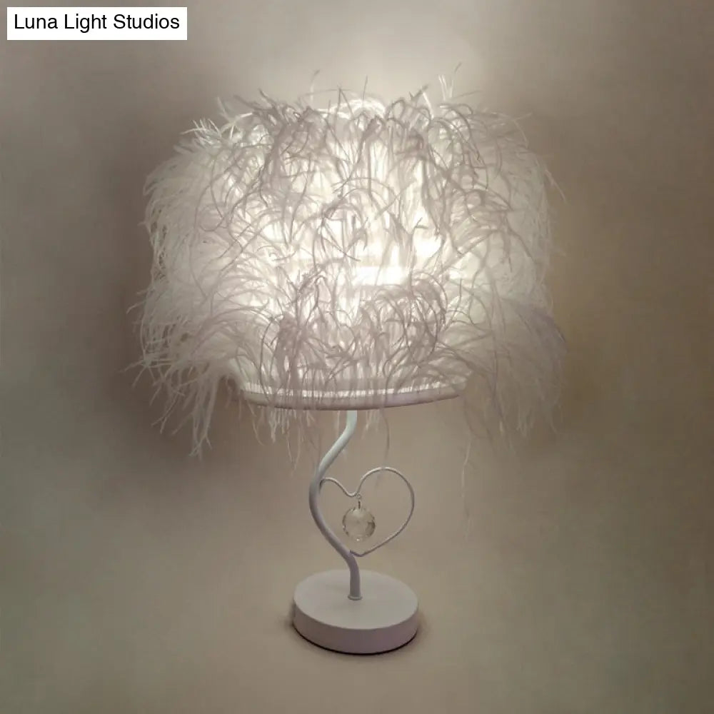 Modern White Feather Bedside Desk Lamp With Crystal Drop: 1-Bulb Fabric Table Lighting
