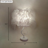 Modern White Feather Bedside Desk Lamp With Crystal Drop: 1-Bulb Fabric Table Lighting