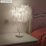 Modern White Feather Bedside Desk Lamp With Crystal Drop: 1-Bulb Fabric Table Lighting