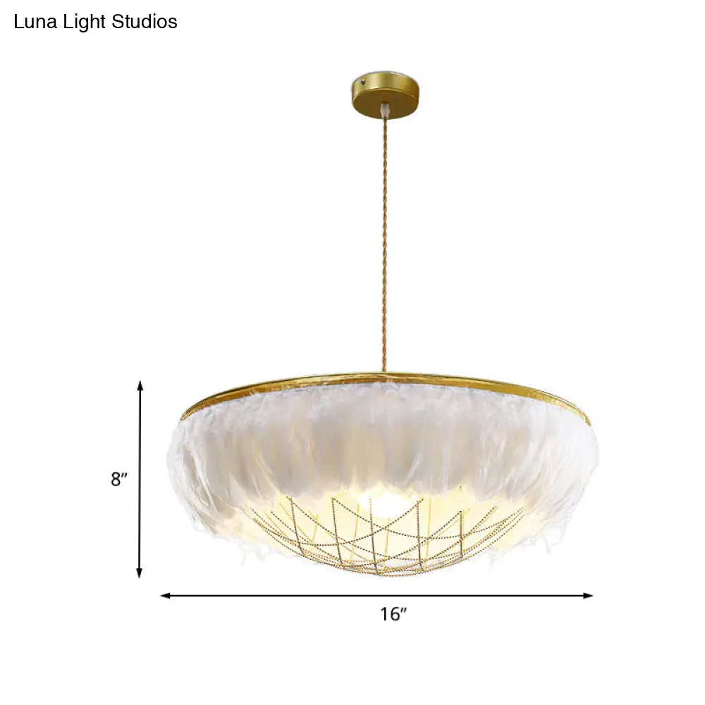 Modern White Feather Chandelier Light - 2 Head Copper Down Lighting with Wire Cage 16’’/19.5’’/23.5’’ Wide