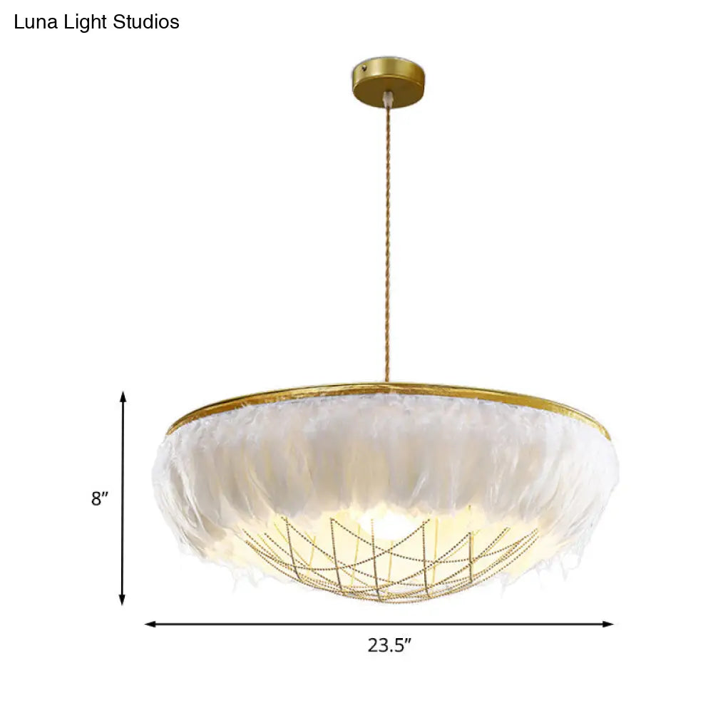 Modern White Feather Chandelier Light - 2 Head Copper Down Lighting with Wire Cage 16’’/19.5’’/23.5’’ Wide