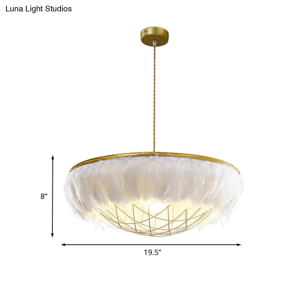 Modern White Feather Chandelier Light - 2 Head Copper Down Lighting with Wire Cage 16’’/19.5’’/23.5’’ Wide