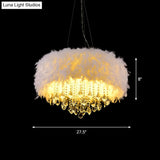 Modern White Feather Drum Pendant Chandelier With Crystal Drop - 5/6/9 Lights 16/19.5/27.5 Wide