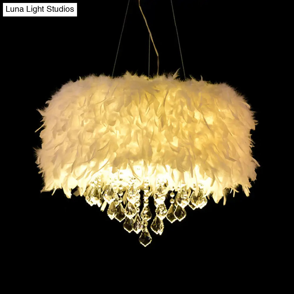 Modern White Feather Drum Pendant Chandelier With Crystal Drop - 5/6/9 Lights 16/19.5/27.5 Wide