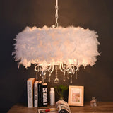 Modern White Feather Drum Shade Chandelier With 5 Lights - Stylish Suspension Light For Living Room