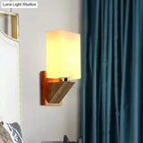 Modern White Frosted Glass Cuboid Sconce - Wood Wall Lamp With Metal Base