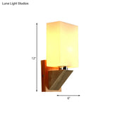 Modern White Frosted Glass Cuboid Sconce - Wood Wall Lamp With Metal Base