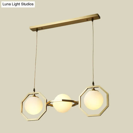 Modern White Frosted Glass Orb Island Light With Gold Octagon Frame - 3-Light Ceiling Pendant Lamp