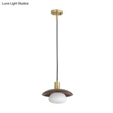 Modern White Glass Ball/Bun Suspension Lamp With Wood Saucer Top In Brown - 1-Light Down Lighting