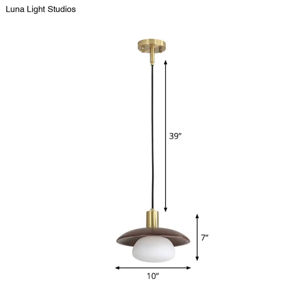 Modern White Glass Ball/Bun Suspension Lamp With Wood Saucer Top In Brown - 1-Light Down Lighting