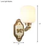 Modern White Glass Brass Wall Sconce - 1-Light Farmhouse Lamp For Drawing Room