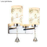 Modern White Glass Cylinder Wall Sconce With 2 Bulbs Chrome Finish And Elegant Flower Pattern