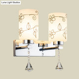 Modern White Glass Cylinder Wall Sconce With 2 Bulbs Chrome Finish And Elegant Flower Pattern