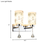 Modern White Glass Cylinder Wall Sconce With 2 Bulbs Chrome Finish And Elegant Flower Pattern