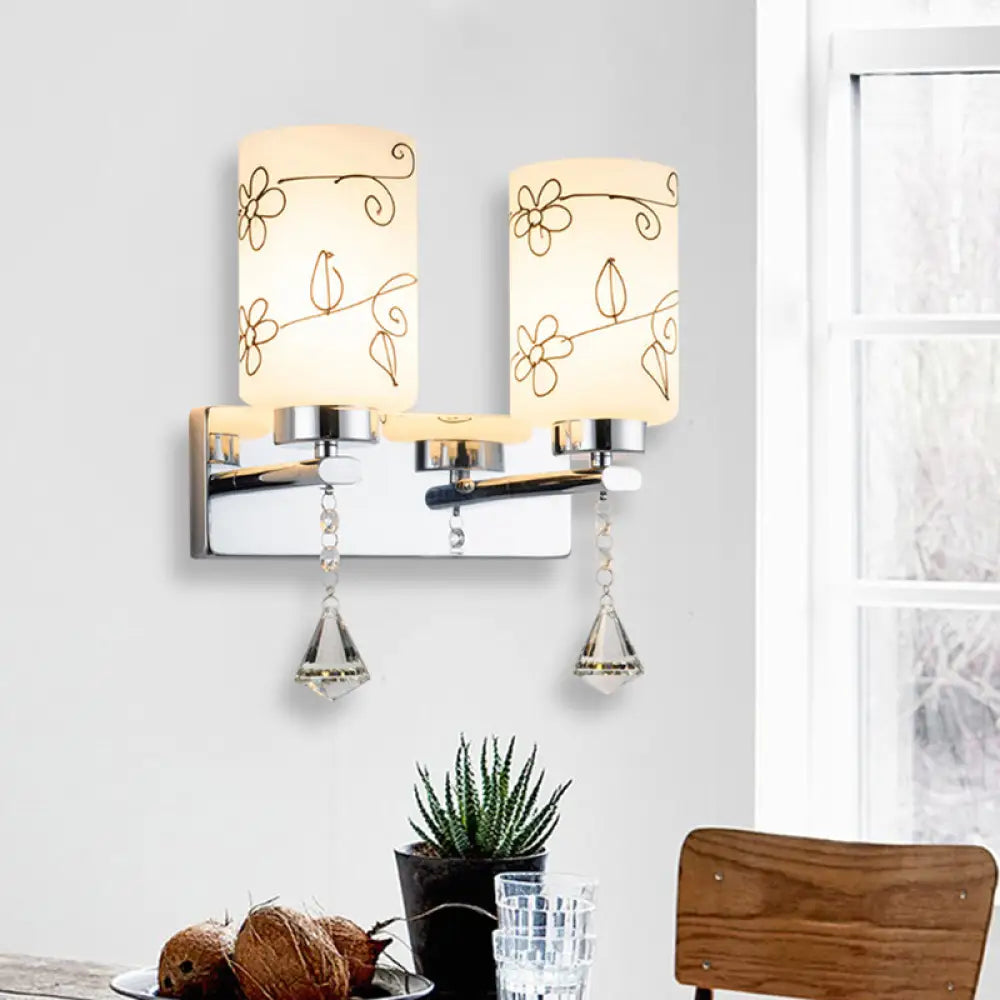 Modern White Glass Cylinder Wall Sconce With 2 Bulbs Chrome Finish And Elegant Flower Pattern