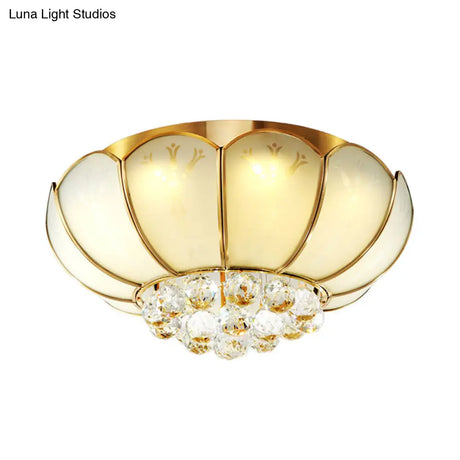 Modern White Glass Flower Flush Mount Light With Crystal Ball Finial - Ideal For Living Room