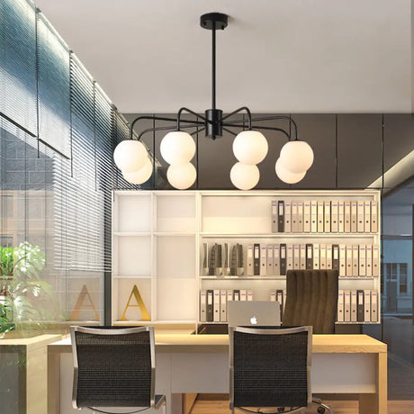 Modern White Glass Globe Chandelier with Radial Design - 6/8/10 Lights Hanging Ceiling Light Curved Arm 8 / Black