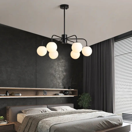 Modern White Glass Globe Chandelier with Radial Design - 6/8/10 Lights Hanging Ceiling Light Curved Arm 6 / Black