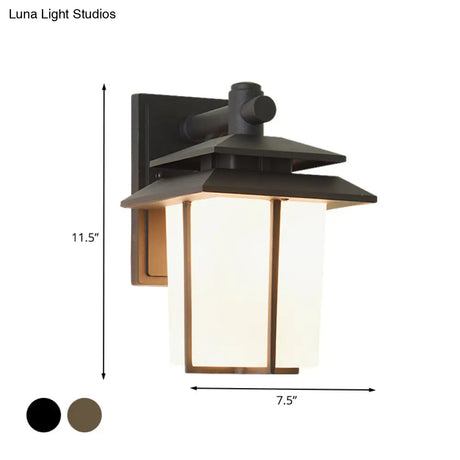 Modern White Glass Lantern Wall Sconce - Lodge Style Bronze/Black Outdoor Lighting Fixture