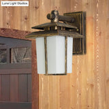 Modern White Glass Lantern Wall Sconce - Lodge Style Bronze/Black Outdoor Lighting Fixture