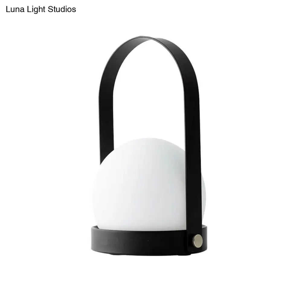 Modern White Glass Night Table Lamp With Metal Handle - Globe Task Light Design